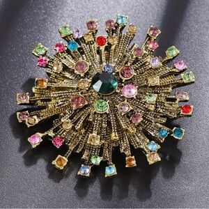 Elegant Multicolor Gold Colored Brooch Star Burst with Rhinestones NWT